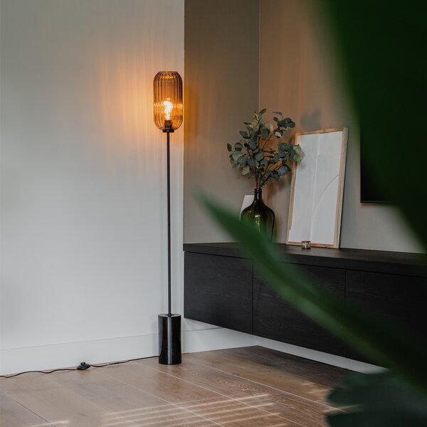 Stojací lampa v art deco stylu černá s kouřovým sklem - Rid