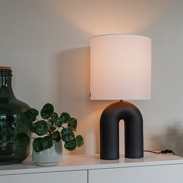 Designová stolní lampa černá s bílým lněným stínítkem - Lotti