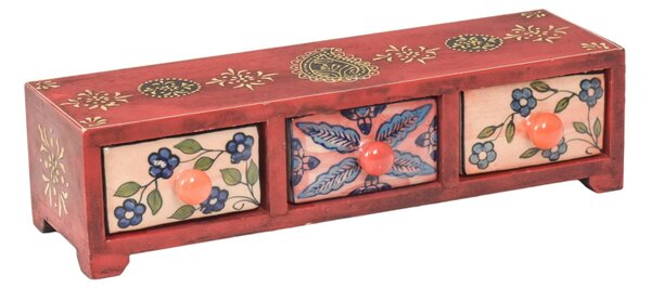 Dřevěná skříňka s 3 keramickými šuplíky, ručně malovaná, 36x14x10cm (9B)