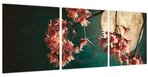 Obraz - Sakura v úplňku (s hodinami) (90x30 cm)