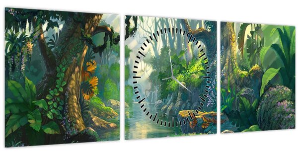 Obraz - Ilustrace tropického lesu (s hodinami) (90x30 cm)