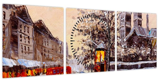 Obraz - Malba zimního města (s hodinami) (90x30 cm)
