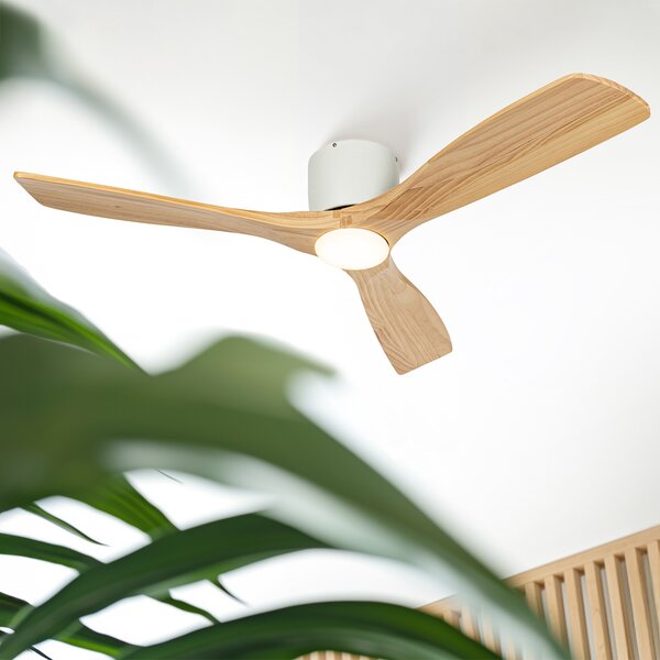 Stropní ventilátor bílý s dřevem 131,5 cm vč. LED stmívatelný s dálkovým ovládáním - Jerri