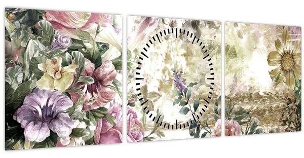 Obraz - Designové květiny (s hodinami) (90x30 cm)