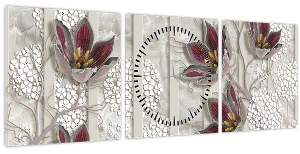 Obraz - Dekorativní květy (s hodinami) (90x30 cm)