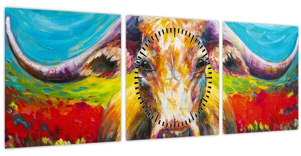 Obraz - Malovaná kráva (s hodinami) (90x30 cm)