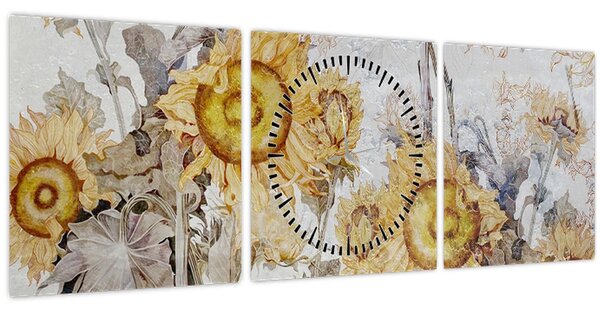 Obraz - Slunečnice ve zdi (s hodinami) (90x30 cm)