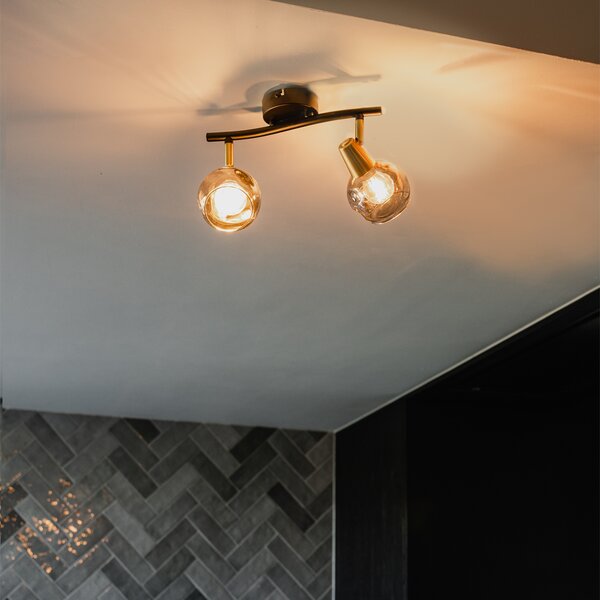 Stropní lampa černá s mosazí a kouřovým sklem 2-světlo - Vidro