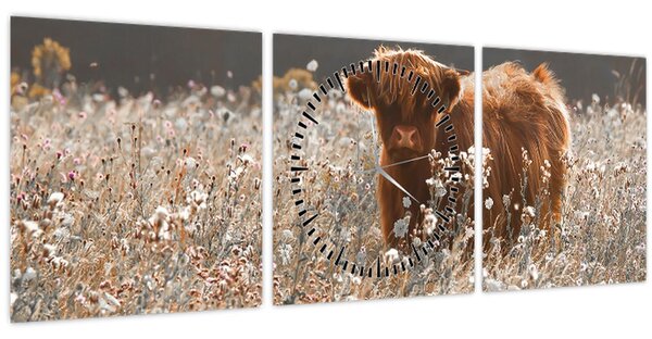 Obraz - Skotská kráva v kvítí (s hodinami) (90x30 cm)