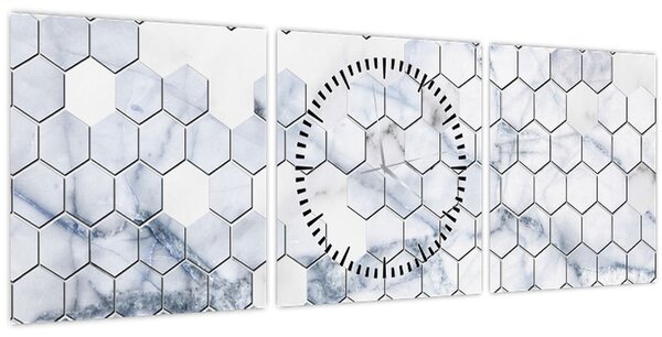 Obraz - Mramorované hexagony (s hodinami) (90x30 cm)