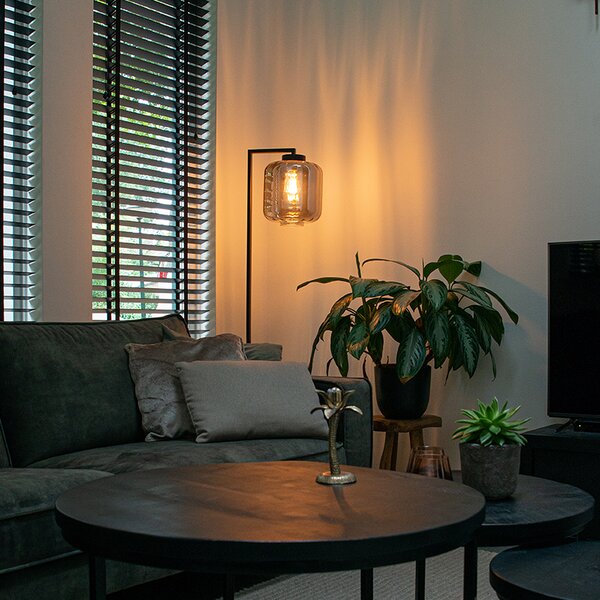 Designová stojací lampa černá s kouřovým sklem - Qara Down