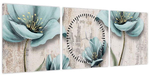 Obraz - Květy na textuře (s hodinami) (90x30 cm)