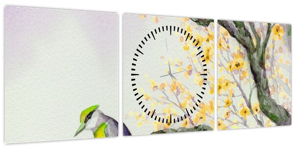 Obraz - Akvarelový ptáček na stromě (s hodinami) (90x30 cm)