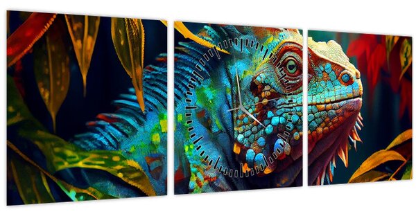 Obraz - Barevný leguán (s hodinami) (90x30 cm)