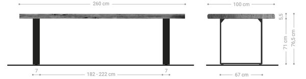DELIFE Jídelní stůl Edge 260x100 XL akácie platinová kov úzký černá Live-Edge