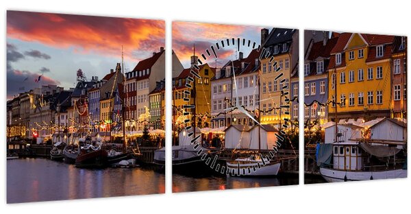 Obraz - Nyhavn, Kodaň (s hodinami) (90x30 cm)