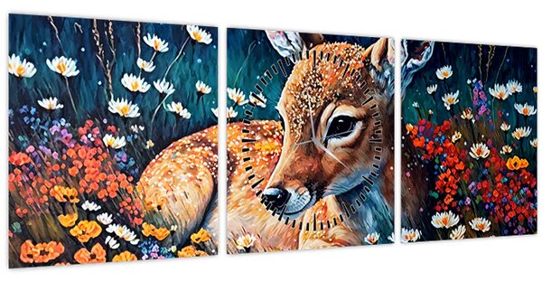 Obraz - Malované srně (s hodinami) (90x30 cm)