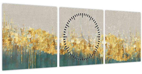 Obraz - Textrura se zlatým dekorem (s hodinami) (90x30 cm)