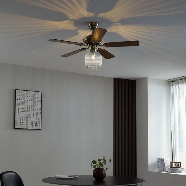 Stropní ventilátor mosazný s dřevem 107,5 cm s tahovým spínačem - Mistral Karel