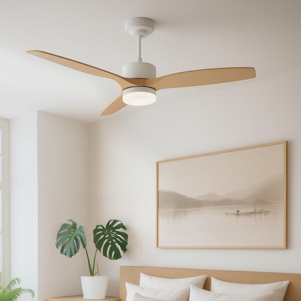 Stropní ventilátor bílý s dřevěným potiskem 132 cm vč. LED stmívatelný s dálkovým ovládáním - Joly
