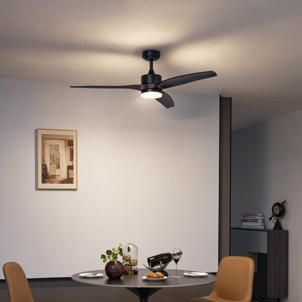Chytrý stropní ventilátor černý s dřevěným potiskem 132 cm vč. LED stmívatelné s dálkovým ovládáním - Joly