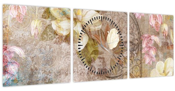 Obraz - Květinový ornament (s hodinami) (90x30 cm)