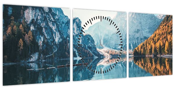 Obraz - Lodě na jezeře Braies (s hodinami) (90x30 cm)