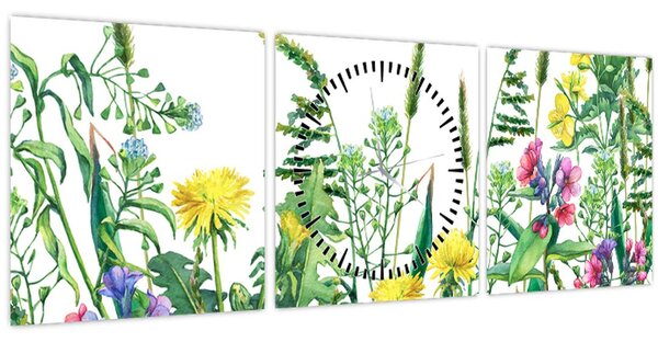 Obraz - Malované luční kvítí (s hodinami) (90x30 cm)