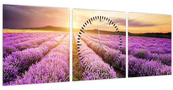 Obraz - Východ slunce v levandulovém poli (s hodinami) (90x30 cm)