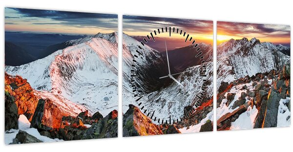 Obraz - Zimní horské panorama (s hodinami) (90x30 cm)