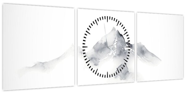 Obraz - Inkoustová malba hor (s hodinami) (90x30 cm)