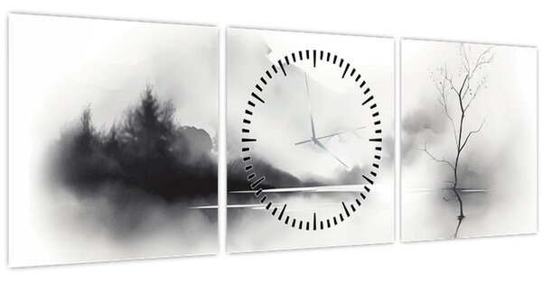 Obraz - Inkoustová malba krajiny (s hodinami) (90x30 cm)