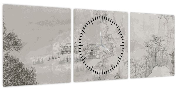 Obraz - Čínská krajina (s hodinami) (90x30 cm)