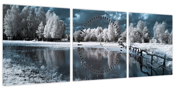 Obraz - Zamrzlá krajina (s hodinami) (90x30 cm)