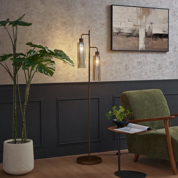 Hotelová elegantní stojací lampa tmavě bronzová s jantarovým sklem 2-světla - Stavelot