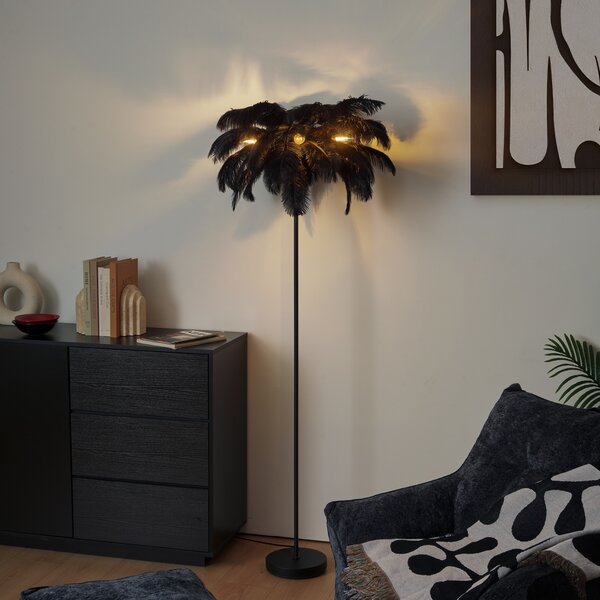 Art Deco stojací lampa černá s černým peřím - Peahen