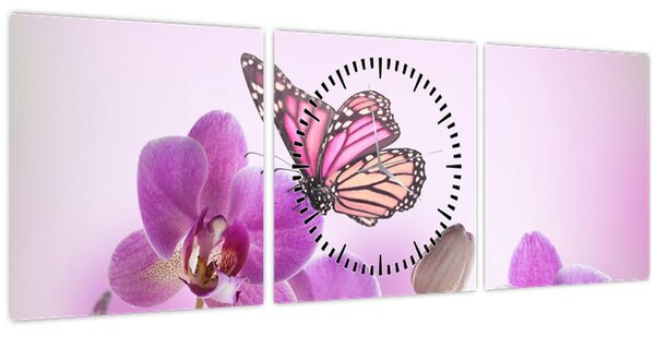 Obraz - Motýl na květech orchideje, lila (s hodinami) (90x30 cm)