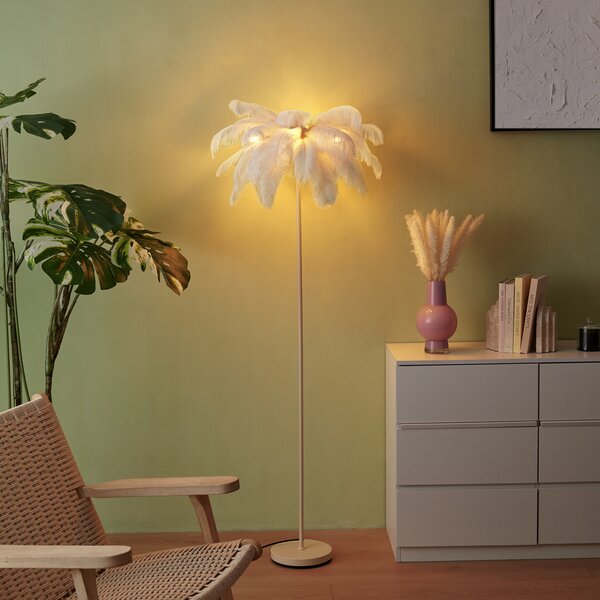 Art Deco stojací lampa béžová s bílými pírky - Peahen