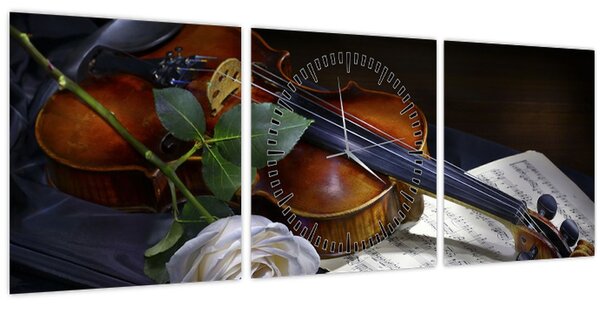 Obraz - Růže a housle (s hodinami) (90x30 cm)