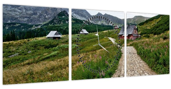 Obraz - Horská krajina s domečky (s hodinami) (90x30 cm)