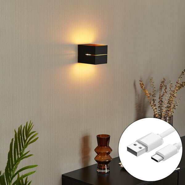 Moderní nástěnná lampa černá se zlatým interiérem vč. LED a dotykového stmívače dobíjecí - Joris Groove