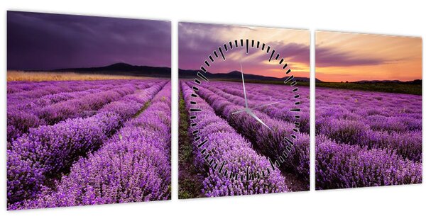 Obraz - Levandulové pole při západu slunce (s hodinami) (90x30 cm)