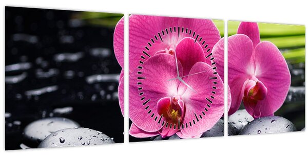 Obraz - Růžové orchideje s palmovým listem (s hodinami) (90x30 cm)