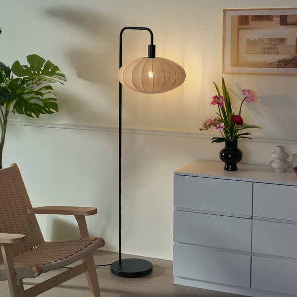 Japandi stojací lampa černá s hnědým látkovým stínidlem - Bida