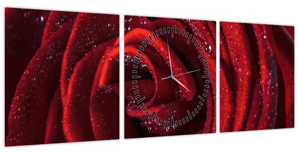 Obraz - Červená růže s kapkami rosy (s hodinami) (90x30 cm)