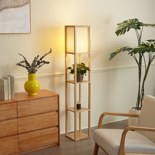 Moderní stojací lampa dřevěná s béžovým stínidlem - Stojan