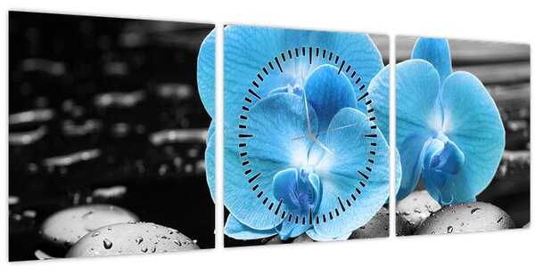 Obraz - Modrá orchidej (s hodinami) (90x30 cm)