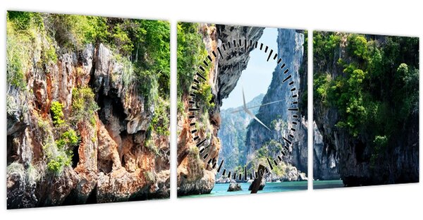 Obraz - Vodní středomořská krajina s lodí (s hodinami) (90x30 cm)