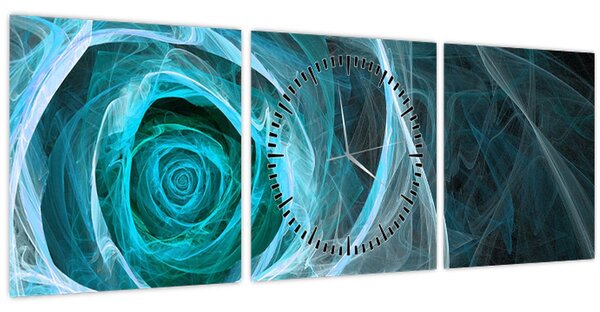 Obraz - Abstraktní růže modrá s černým pozadím (s hodinami) (90x30 cm)