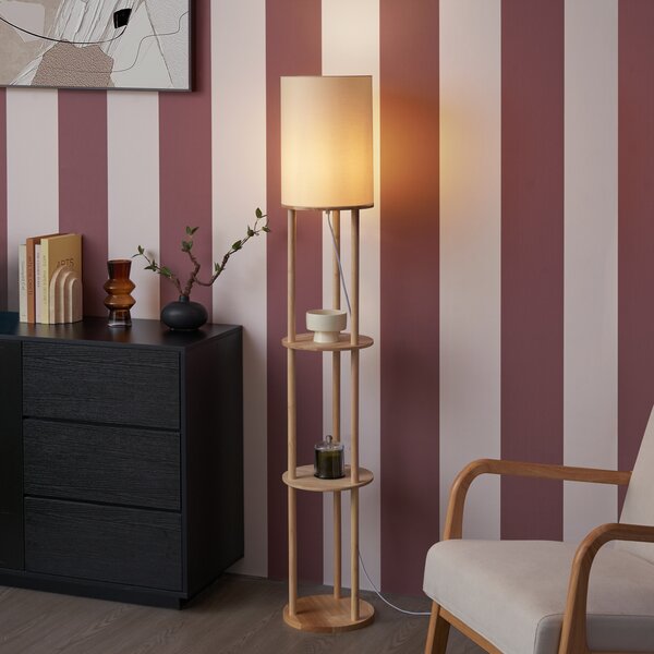Moderní stojací lampa dřevěná s béžovým stínidlem - Stojon